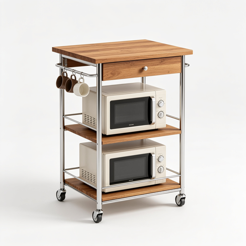 DanielaAlannah Finnhomy 3-Tier Rolling Kitchen Cart with 18'' Dx30'' W Oak Wood Tabletop, Island 4'' Wheels and Slider Shelf, Microwave & Coffee Hooks for Dining Room, Chrome, (XF7157)