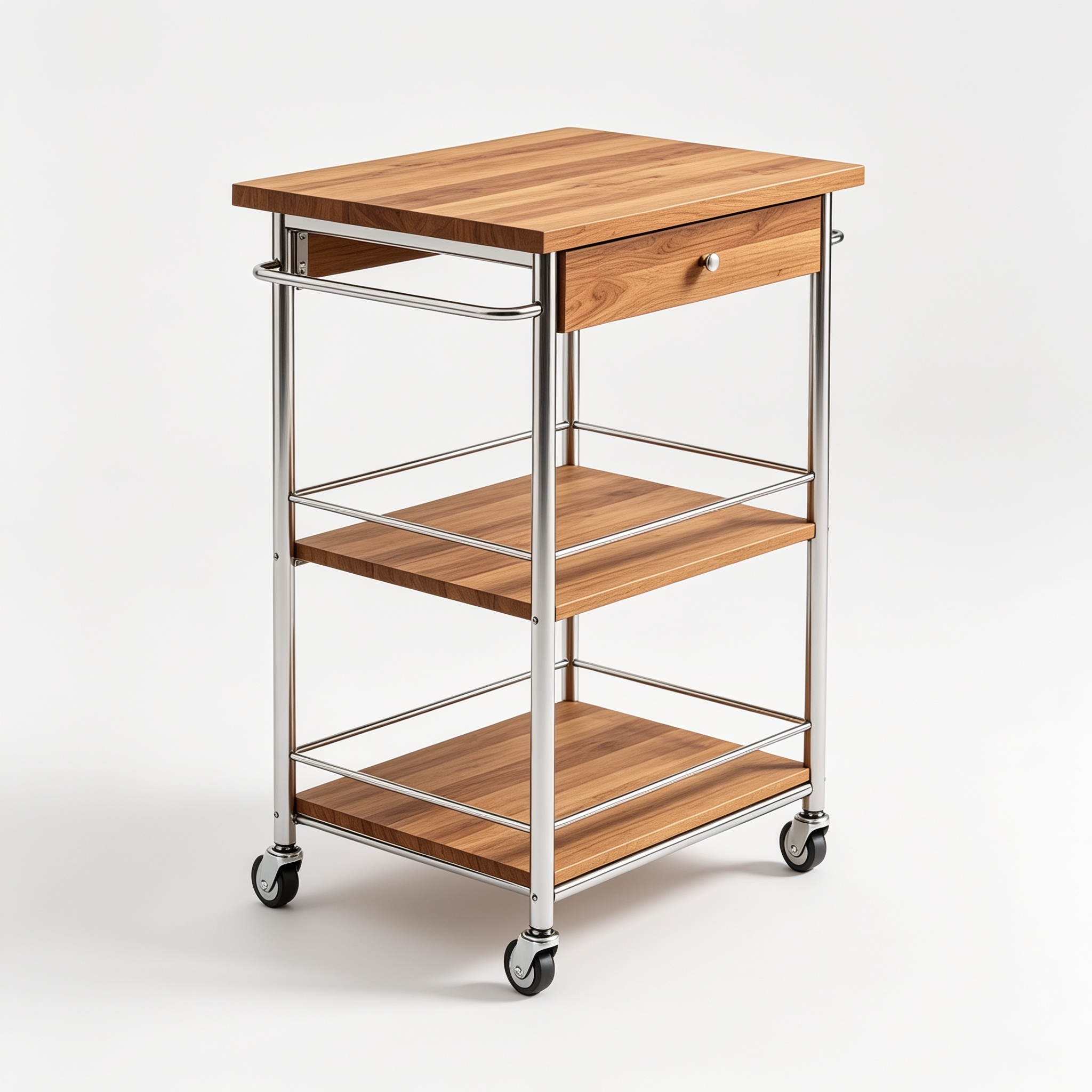 DanielaAlannah Finnhomy 3-Tier Rolling Kitchen Cart with 18'' Dx30'' W Oak Wood Tabletop, Island 4'' Wheels and Slider Shelf, Microwave & Coffee Hooks for Dining Room, Chrome, (XF7157)