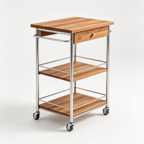 DanielaAlannah Finnhomy 3-Tier Rolling Kitchen Cart with 18'' Dx30'' W Oak Wood Tabletop, Island 4'' Wheels and Slider Shelf, Microwave & Coffee Hooks for Dining Room, Chrome, (XF7157)